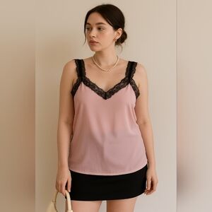 Romantic Hut Pink Cami Top XL Lace‎ Trim Sleeveless  V-Neck Lingerie Style